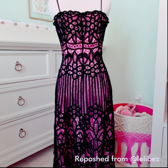 Betsey Johnson Dresses & Skirts - RARE Vintage Betsey Johnson NY Black Crochet Over Pink Spaghetti Strap Dress 4